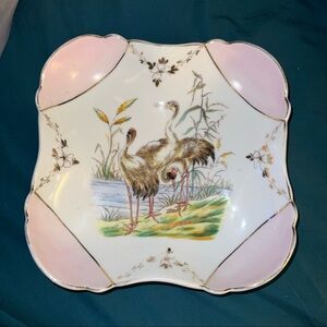 VINTAGE BAVARIAN PORCELAIN SERVING BOWL FEATURING 3 HAND-PAINTED CRANES